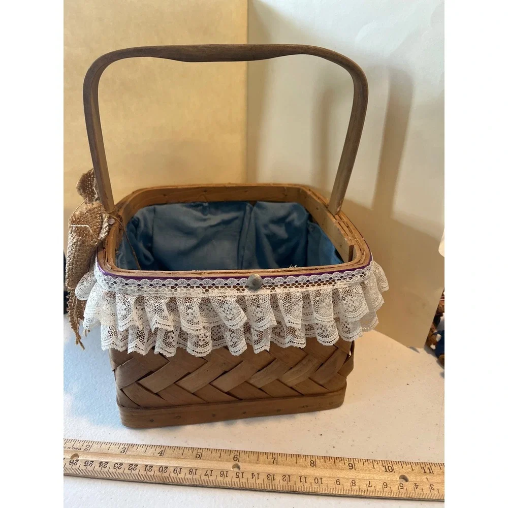 Vintage Woven Wood Basket with Lace Trim Burlap Bow and Blue Fabric Liner